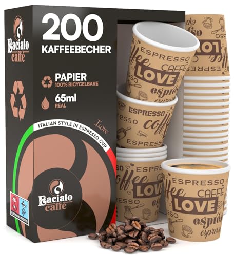 Eurocali 200 Espresso Pappbecher 65ml Biologisch Abbaubare Kaffee Einwegbecher - Ökologisches Design LoveBrownCUP - Kleine Größe für italienischen Espresso für Heißen Getränken von Eurocali