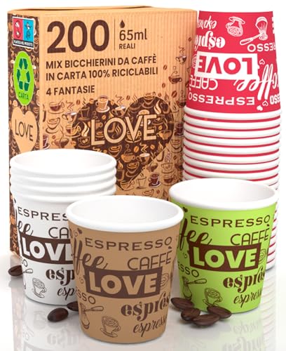 LoveCUP Mix 200 Pappbecher 65ml LoveCUP Mix Umweltfreundliche Biologisch Abbaubare Einwegbecher Kleine Imbiss Heiße Getränke von Eurocali