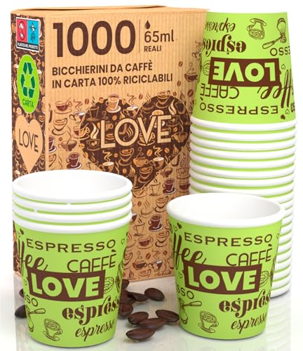 LoveGreenCUP 1000 Kaffeebecher aus Papier, 65 ml, umweltfreundlich, biologisch abbaubar, Einwegbecher, klein, zum Mitnehmen, heiße Getränke von Eurocali