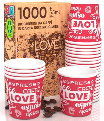 LoveRedCUP 1000 Kaffeebecher aus Papier, 65 ml, umweltfreundlich, biologisch abbaubar, Einwegbecher, klein, zum Mitnehmen, heiße Getränke von Eurocali