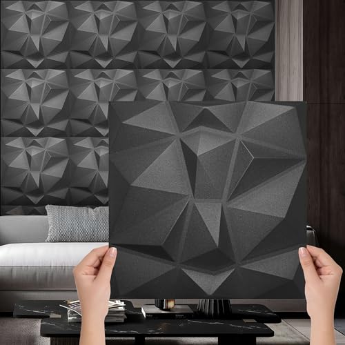 3D Wandpaneele Dekoren Wandverkleidung Deckenpaneele Platten Paneele Wanddeko Wandtattoos Polystyrol XPS Styropor 50x50cm / 12m²-48 Stück Diamant Black 3mm stärke von Eurodeco