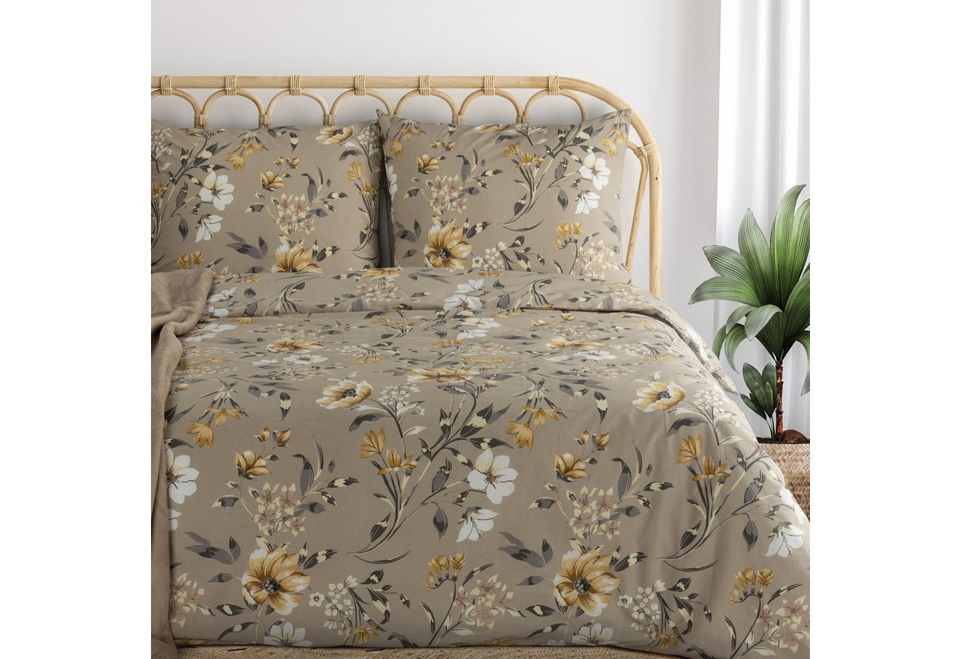 Eurofirany Bettwäsche Blumenmuster Frühling Sommer Rosa Dekorative Bettwäschegarnitur, Palmen Pflanzen 2 TLG 3 TLG von Eurofirany