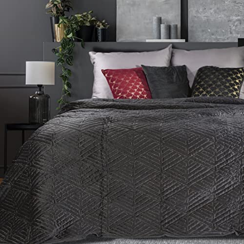 Eurofirany Deniz Bettüberwurf Velvet Samt Tagesdecke Metallnaht Gesteppt Decke Überwurf Steppdecke Elegant Edel Glamour Schlafzimmer Gästezimmer Lounge, Schwarz + Gold, 220X240cm von Eurofirany