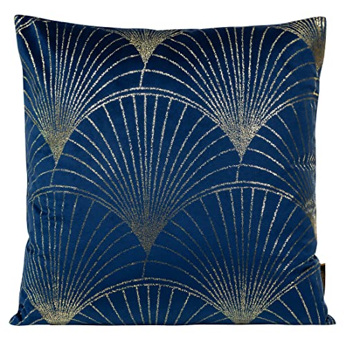 Eurofirany Elegante Velvet Kissenbezüge Dekokissen mit Aufdruck 45x45 cm Bezug Samt Kissenhülle Weiche Sofakissen, Fächer Muster, Dunkel Blau von Eurofirany