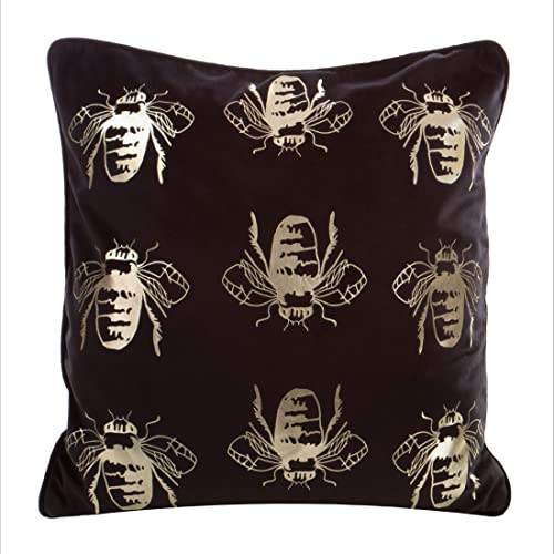 Eurofirany Elegante Velvet Kissenbezüge Dekokissen mit Aufdruck 45x45 cm Bezug Samt Kissenhülle Weiche Sofakissen, Goldene Bienen/Einfassung, Schwarz von Eurofirany