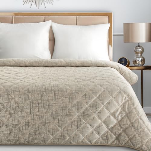 Eurofirany Eleganter Bettüberwurf Samt Blink 6 – Creme – 200x220 cm – Steppdecke mit Rauten & Silberakzenten von Eurofirany