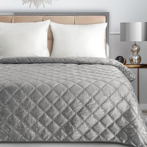 Eurofirany Eleganter Bettüberwurf Samt Blink 6 – Silber – 220x240 cm – Steppdecke mit Rauten & Silberakzenten von Eurofirany