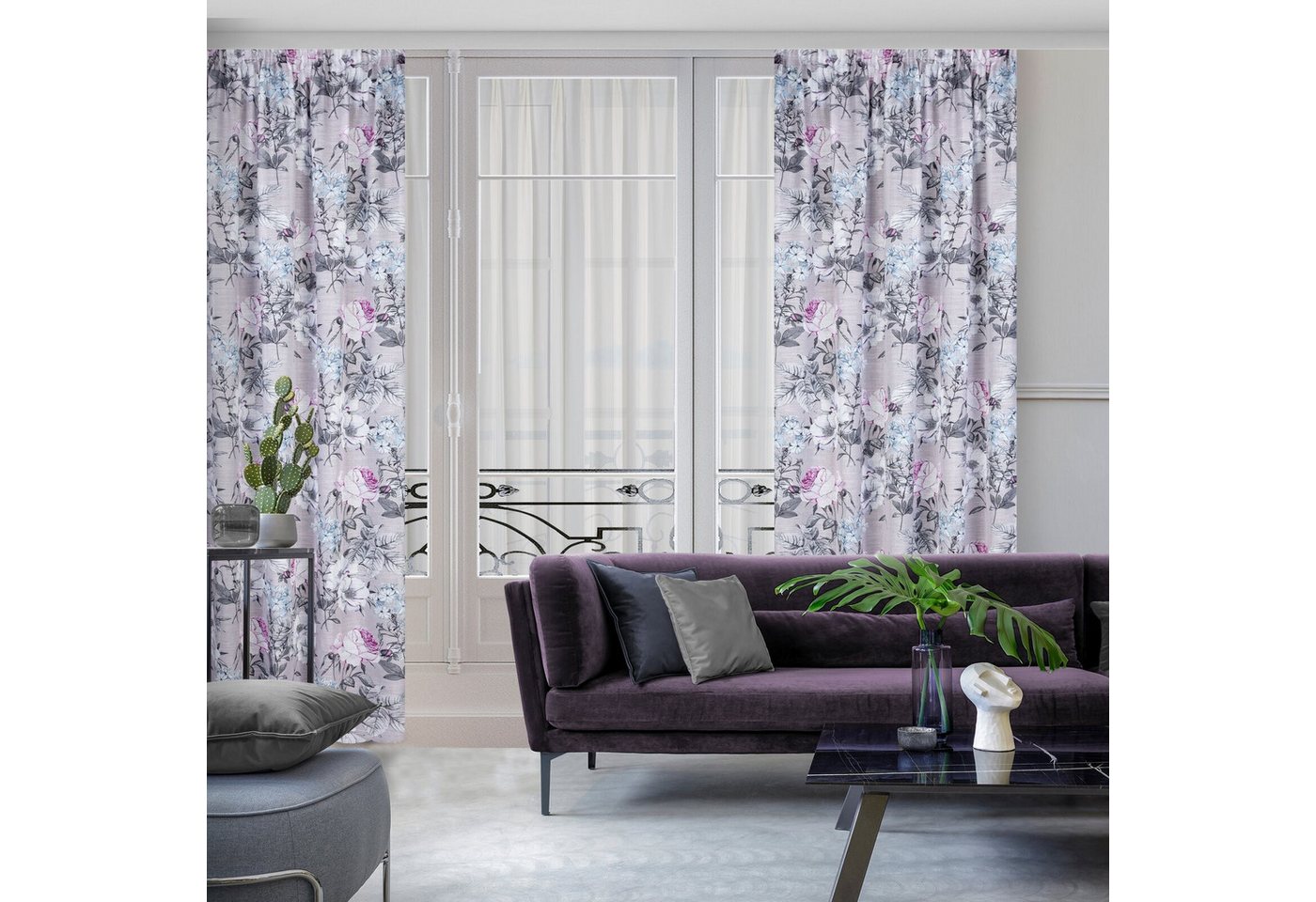 Eurofirany Gardine Landhaus Gardinen mit Blumenmuster aus Etamin Rosa Weiß Blau Bunt, Kräuselband, Durchsichtige Vorhänge Gesmuster Wohnzimmer Ösenschal Blumen von Eurofirany