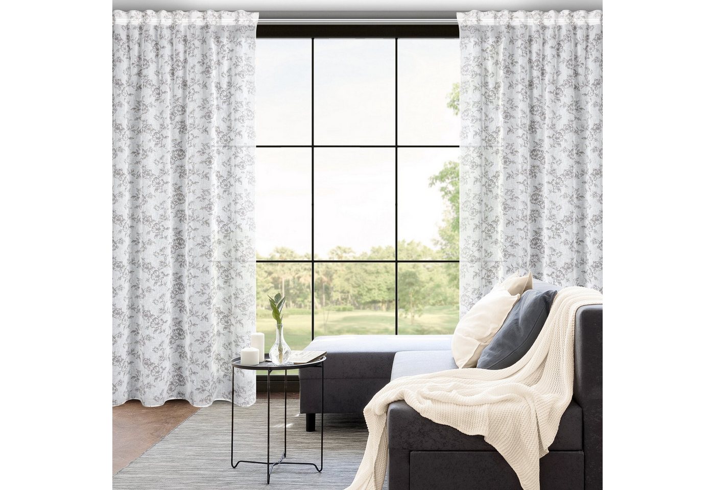 Eurofirany Gardine Landhaus Gardinen mit Blumenmuster aus Etamin Rosa Weiß Blau Bunt, Kräuselband, Durchsichtige Vorhänge Gesmuster Wohnzimmer Ösenschal Blumen von Eurofirany