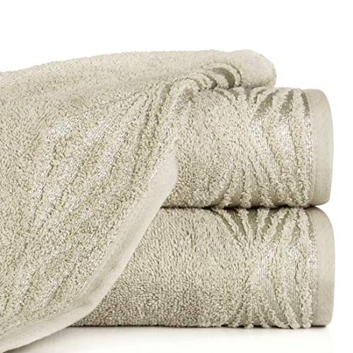 Eurofirany Handtuch Baumwolle Beige Metallnaht Glitzernaht Muster Bordüre Set 3-er Pack Oeko-Tex, 70X140 cm, 3 von Eurofirany