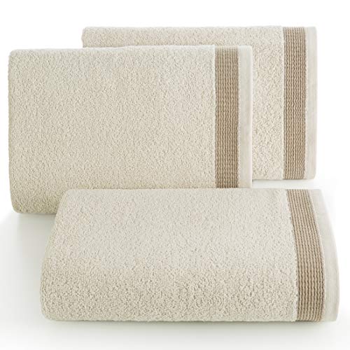 Eurofirany Handtuch Baumwolle Beige Weich Wellenmuster Bordüre Set 3-er Pack Oeko-Tex, 70X140 cm, 6 von Eurofirany