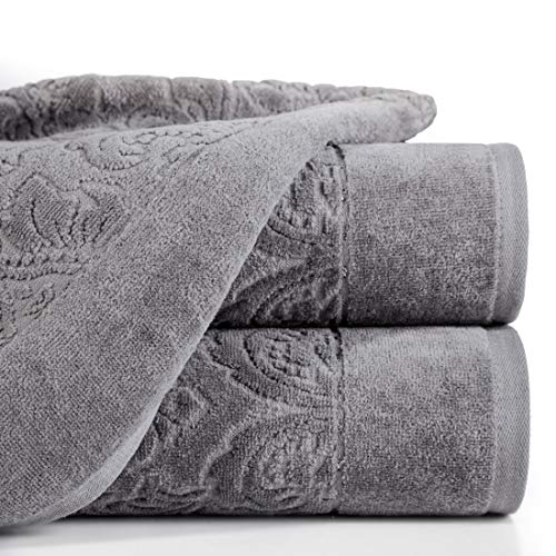 Eurofirany Handtuch Baumwolle Silber Weich Metallische Naht Bordüre Set 3-er Pack Oeko-Tex Jacquard Muster, Grafit, 70X140 cm, 6 von Eurofirany