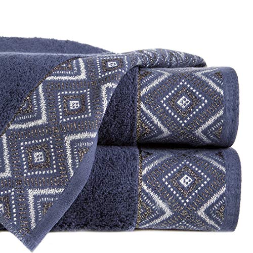 Eurofirany Handtuch Baumwolle Weich 70x140 cm Zick Zack Geometrisches Muster Metallnaht Glitzer Bordüre Set 3-er Pack Oeko-Tex, Marineblau, 70x140cm, 3 von Eurofirany