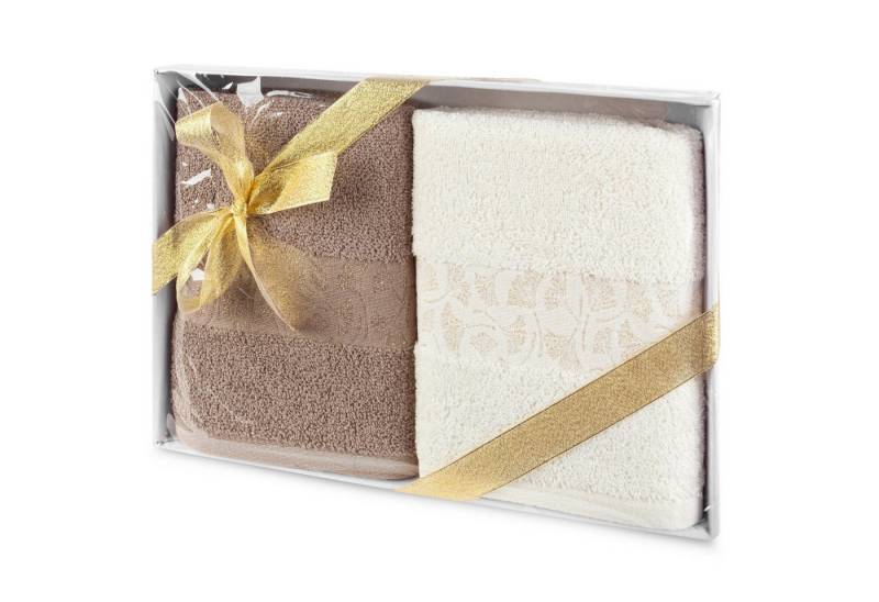 Eurofirany Handtuch Set Eleganter 2er Set Handtuch und Badetuch, Baumwolle, Gingko Muster, Bordüre, im Box verpackt von Eurofirany