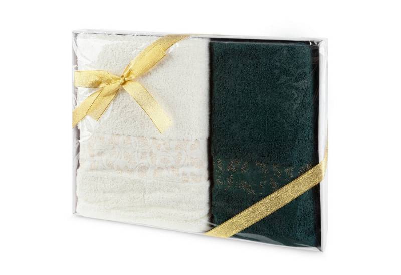 Eurofirany Handtuch Set Eleganter 2er Set Handtuch und Badetuch, Baumwolle, Gingko Muster, Bordüre, im Box verpackt von Eurofirany