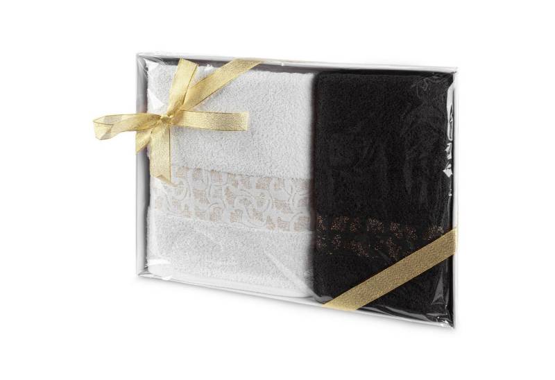 Eurofirany Handtuch Set Eleganter 2er Set Handtuch und Badetuch, Baumwolle, Gingko Muster, Bordüre, im Box verpackt von Eurofirany