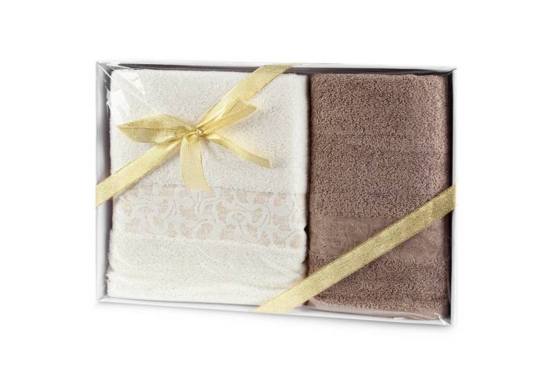 Eurofirany Handtuch Set Eleganter 2er Set Handtuch und Badetuch, Baumwolle, Gingko Muster, Bordüre, im Box verpackt von Eurofirany