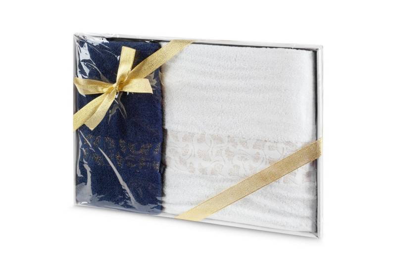 Eurofirany Handtuch Set Eleganter 2er Set Handtuch und Badetuch, Baumwolle, Gingko Muster, Bordüre, im Box verpackt von Eurofirany