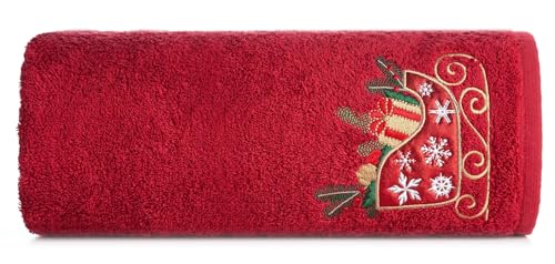 Eurofirany Handtuch Weihnachten 70x140 cm rot Badetuch Duschtuch 100% Baumwolle Deko Schlitten Badehandtuch Baumwollhandtuch weich modern Design Badez von Eurofirany