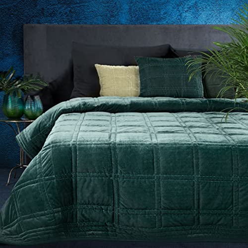 Eurofirany Hochwertige Tagesdecke Velvet Samt Gesteppter Bettüberwurf Silber Blau Steppung Ganzjährig Samt Steppdecke Quilt (Kristin 2 Dunkelminze, 220 cm x 240 cm) von Eurofirany