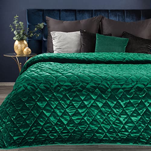 Eurofirany Hochwertige Tagesdecke Velvet Samt Gesteppter Bettüberwurf Silber Blau Steppung Ganzjährig Samt Steppdecke Quilt (Kristin 3 Dunkelgrün, 220 von Eurofirany