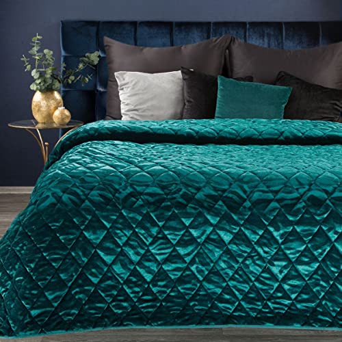 Eurofirany Hochwertige Tagesdecke Velvet Samt Gesteppter Bettüberwurf Silber Blau Steppung Ganzjährig Samt Steppdecke Quilt (Kristin 3 Türkis, 220 cm von Eurofirany