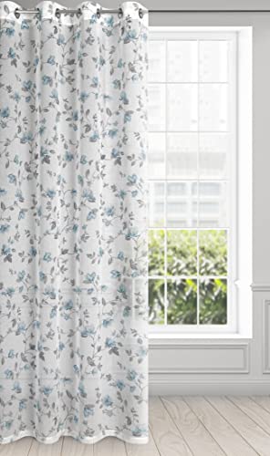 Eurofirany Jenny Transparent Blumen Gardine mit Ösen 1 STK. Leicht Leinenoptik Wohnzimmer Küche Kinderzimmer Schlafzimmer, Fenstervorhang, 140x250cm, Weiß und Blau, 401381 von Eurofirany