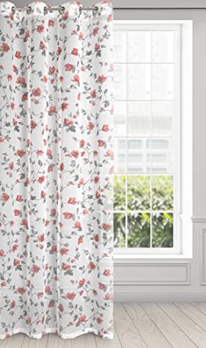 Eurofirany Jenny Transparent Blumen Gardine mit Ösen 1 STK. Leicht Leinenoptik Wohnzimmer Küche Kinderzimmer Schlafzimmer, Fenstervorhang, 140x250cm, Weiß und Ziegelrot, 401383 von Eurofirany