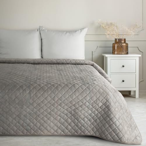 Eurofirany Marmor Decke Tagesecke mit elegantem Muster für Doppelbett Samt Velours Glamour Dekorativer Bettüberwurf (Biege+Silber, 220X240 cm), BLINK3 von Eurofirany
