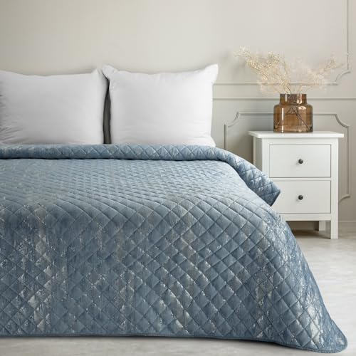 Eurofirany Marmor Decke Tagesecke mit elegantem Muster für Doppelbett Samt Velours Glamour Dekorativer Bettüberwurf (Blau+Silber, 170X210 cm), BLINK3 von Eurofirany