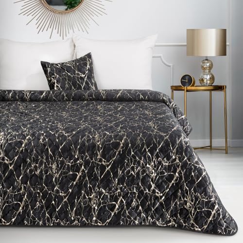 Eurofirany Marmor Decke Tagesecke mit elegantem Muster für Doppelbett Samt Velours Glamour Dekorativer Bettüberwurf (Schwarz+Champagne, 170X210 cm) von Eurofirany