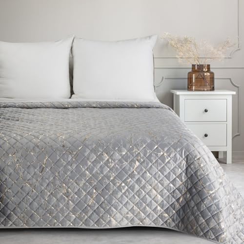 Eurofirany Marmor Decke Tagesecke mit elegantem Muster für Doppelbett Samt Velours Glamour Dekorativer Bettüberwurf (Silber+Champagne, 170X210 cm), BLINK3 von Eurofirany
