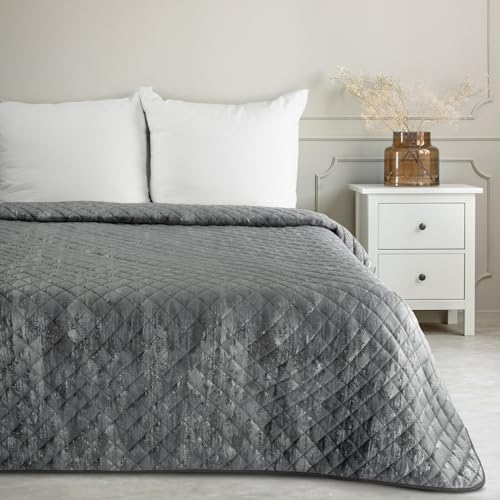 Eurofirany Marmor Decke Tagesecke mit elegantem Muster für Doppelbett Samt Velours Glamour Dekorativer Bettüberwurf (Stahl+Silber, 170X210 cm), BLINK3 von Eurofirany