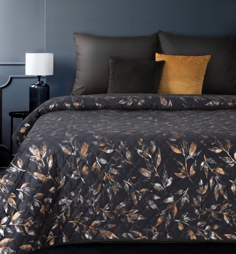 Eurofirany Schwarze Tagesecke Blink 1 mit goldenem Muster Doppelbett Samt Gold Blätter Luxuriöse Decke Glamour Dekorativer Bettüberwurf (Schwarz 1, 170 x 210 cm) von Eurofirany