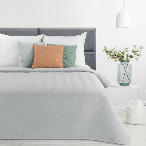 Eurofirany Stillvolle Decke in eleganter Karomuster-Steppung, Lein-Optik, perfekte Sofa- und Tagesdecke (Silber, 200x220 cm) von Eurofirany