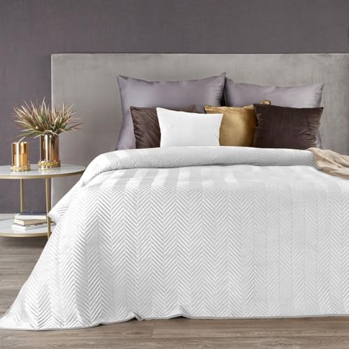 Eurofirany Tagesdecke Sesseldecke Sofadecke Velvet Samt Steppdecke für Wohnzimmer und Schlafzimmer (Sofia Weiß, 200 x 220 cm) von Eurofirany