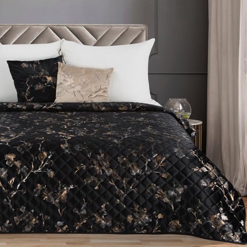 Eurofirany Tagesecke mit elegantem Blumenmuster Doppelbett Samt Velours Glamour Dekorativer Bettüberwurf cremige Decke Schwarze Sofadecke silberner Überwurf (Schwarz, 200x220 cm) von Eurofirany