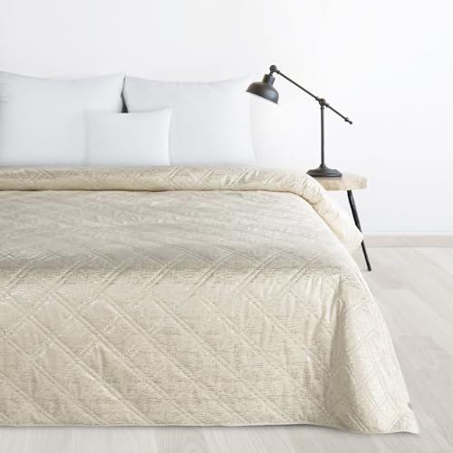 Eurofirany Weicher Bettüberwurf Velours LUIZ Blink – Creme – 220x240 cm – Steppdecke mit Glanz & Silberdetails von Eurofirany