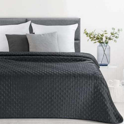 Karierte Bettdecke, Stillvolle Decke in Karomuster-Steppung, Velours Sofadecke, elegante Steppdecke, klassische Allzweckdecke, Samtdecke, Doppelbett, Sofadecke aus Samt (schwarz, 200 x 220 cm) von Eurofirany