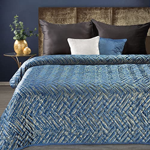 Eurofirany - Tagesdecke Bettüberwurf elegant - Sofadecke - weiche Decke Samtdecke glänzend - Dunkelblau & Gold - 170x210 cm von Eurofirany