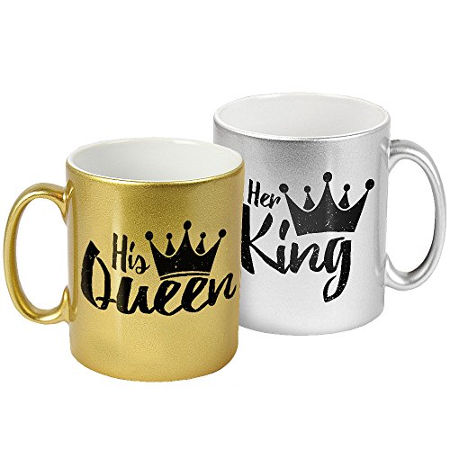 2er Tassen-Set in den Farben Gold und Silber – Her King | His Queen - zum Valentinstag | Liebes-Tasse | Valentinsgeschenk von Eurofoto