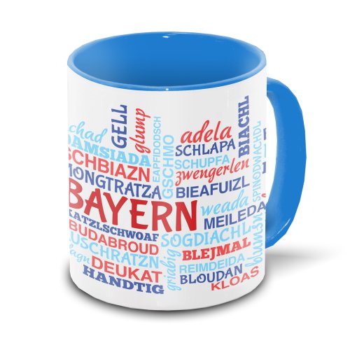 Bayern-Tasse Tagcloud - weiß/blau - Tasse mit typischen Wörtern im bayrischen Dialekt | Keramik-Tasse mit 330 ml Inhalt von Eurofoto