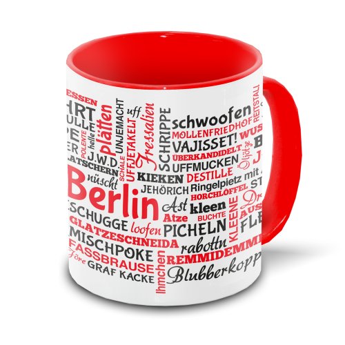 Berlin-Tasse Tagcloud - weiß/rot - Tasse mit typischen Wörtern im Berliner Dialekt von Eurofoto