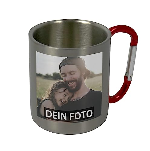 Edelstahl-Tasse mit Foto und Wunschtext (mittig) | Tasse mit Karabiner personalisiert | Edelstahltasse mit Karabiner gestaltbar von Eurofoto