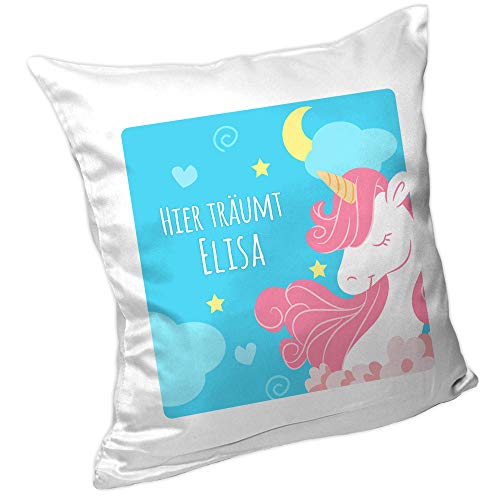 Eurofoto Einhorn-Kissen mit Namen Elisa und Text - Hier träumt Elisa - für Mädchen | Namenskissen personalisiert | Kuschelkissen | Gute-Nacht-Kissen von Eurofoto