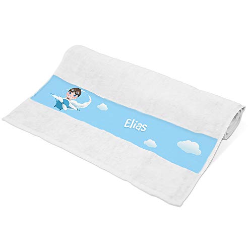 Eurofoto Handtuch mit Namen Elias und Motiv mit Pilot und Flugzeug für Jungen | Kinder-Handtuch Bedruckt | Farbe: Weiß | 50 x 100cm von Eurofoto