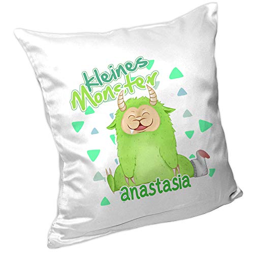 Eurofoto Kissen mit Namen Anastasia und Motiv mit kleinem grünen Monster für Mädchen | Namenskissen personalisiert | Kuschelkissen | Schmusekissen von Eurofoto