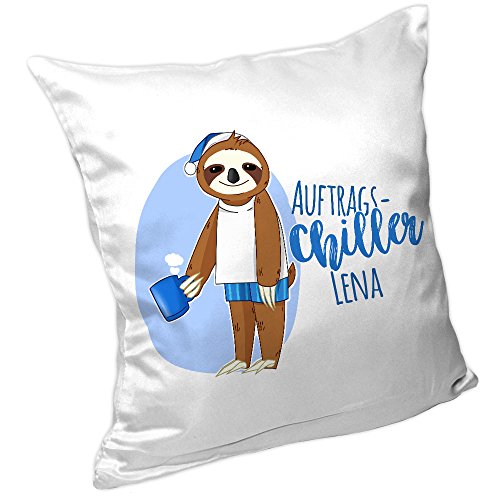 Eurofoto Kissen mit Namen - Auftrags-Chiller Lena - und Motiv mit Faultier für Mädchen | Namenskissen personalisiert | Kuschelkissen | Schmusekissen von Eurofoto