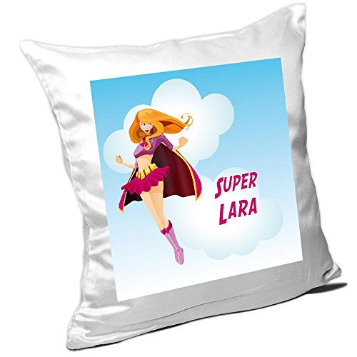 Eurofoto Kissen mit Namen Lara und schönem Superheldin-Motiv für Mädchen - Namenskissen personalisiert - Kuschelkissen - Schmusekissen von Eurofoto