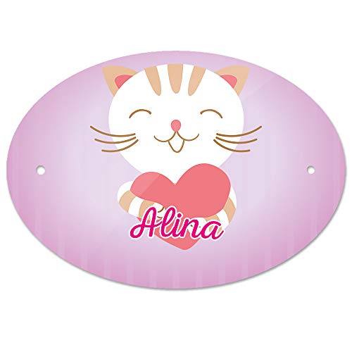 Eurofoto Türschild mit Namen Alina und Motiv Katze mit Herz | Kinderzimmer-Schild von Eurofoto